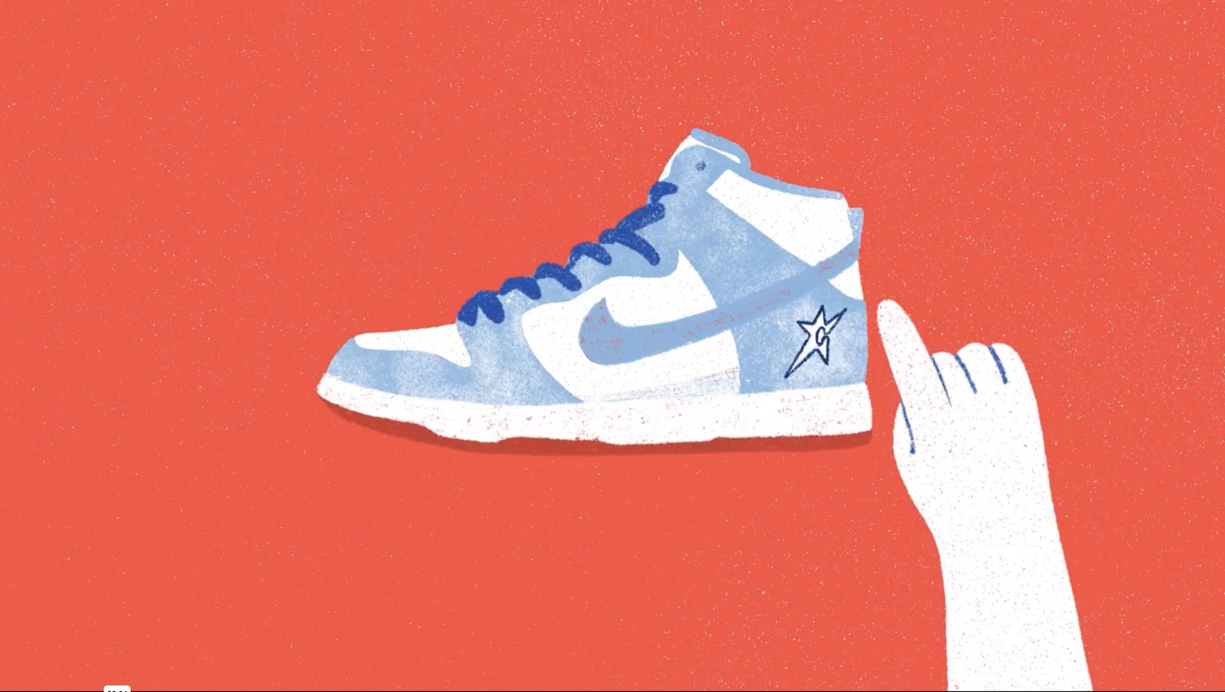 Illustrated blue and white sneaker held against an orange background