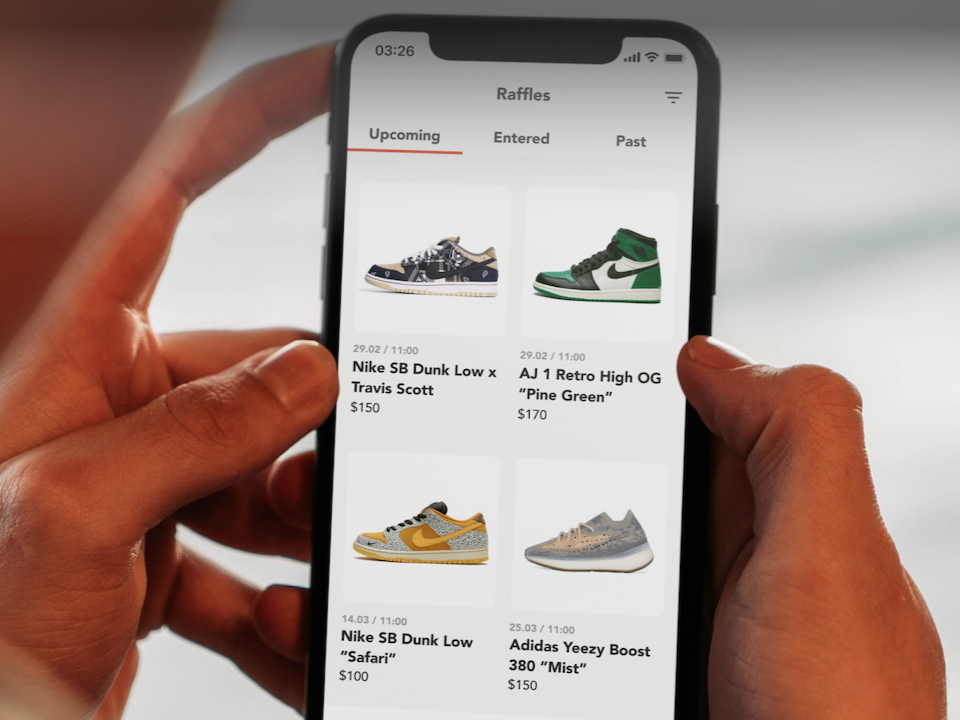 Sneakerdraws app showing upcoming raffles